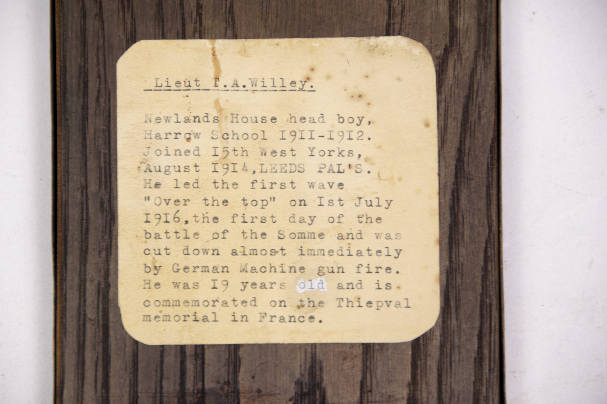 (British Army) First Day of the Somme 1 July Two commemorative frames of Thomas Arthur Raymond R.E. Willey, "D" Coy, 15th Bn., West Yorkshire Regiment - Image 6