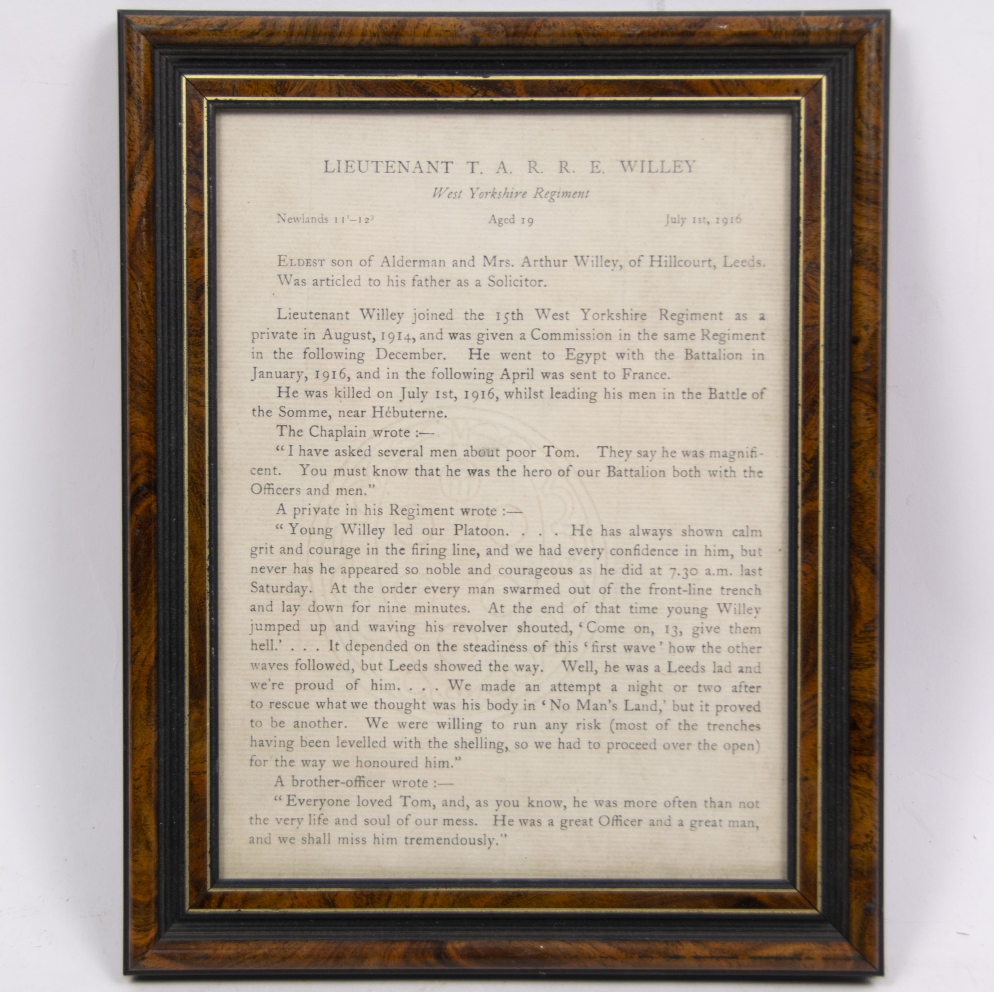 (British Army) First Day of the Somme 1 July Two commemorative frames of Thomas Arthur Raymond R.E. Willey, "D" Coy, 15th Bn., West Yorkshire Regiment - Image 7