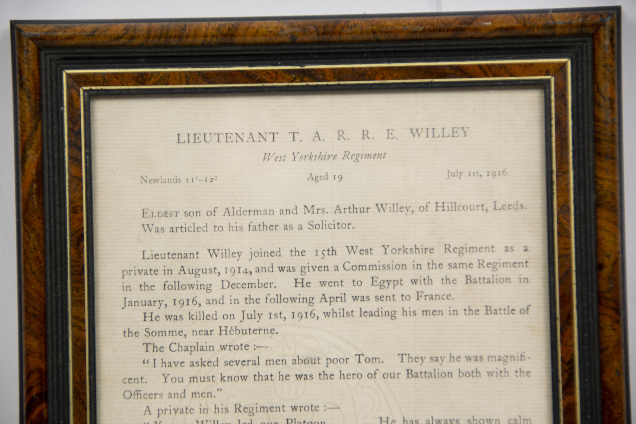 (British Army) First Day of the Somme 1 July Two commemorative frames of Thomas Arthur Raymond R.E. Willey, "D" Coy, 15th Bn., West Yorkshire Regiment - Image 8