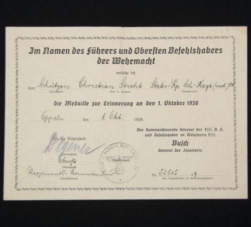 (Citation) Die Medaille zur Erinnerung an den 1. Oktber 1938