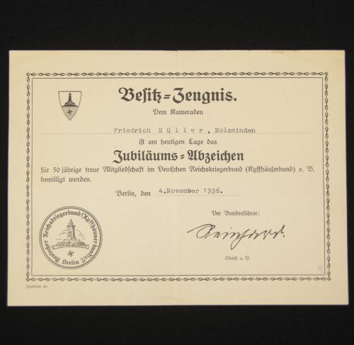 (Citation) Kyffhäuserbund Jubiläums-Abzeichen fur 50-Jährige treue Mitgliedschaft