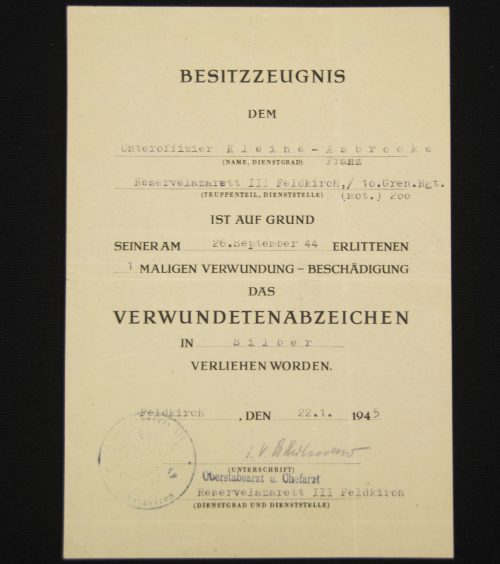 (Citation) Verwundetenabzeichen in Silber (1945)