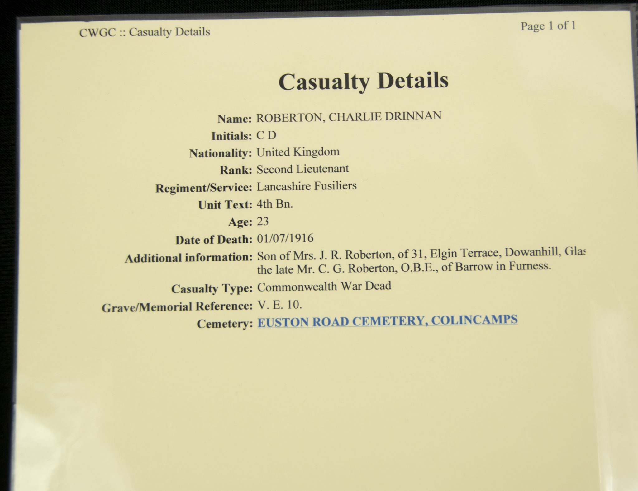 (British Army) First Day of the Somme 1 July 1916 - 1914-15 Star of Second Lieutenant Charlie Drinnan Robertson 4th Bn., Lancashire Fusiliers - Image 19