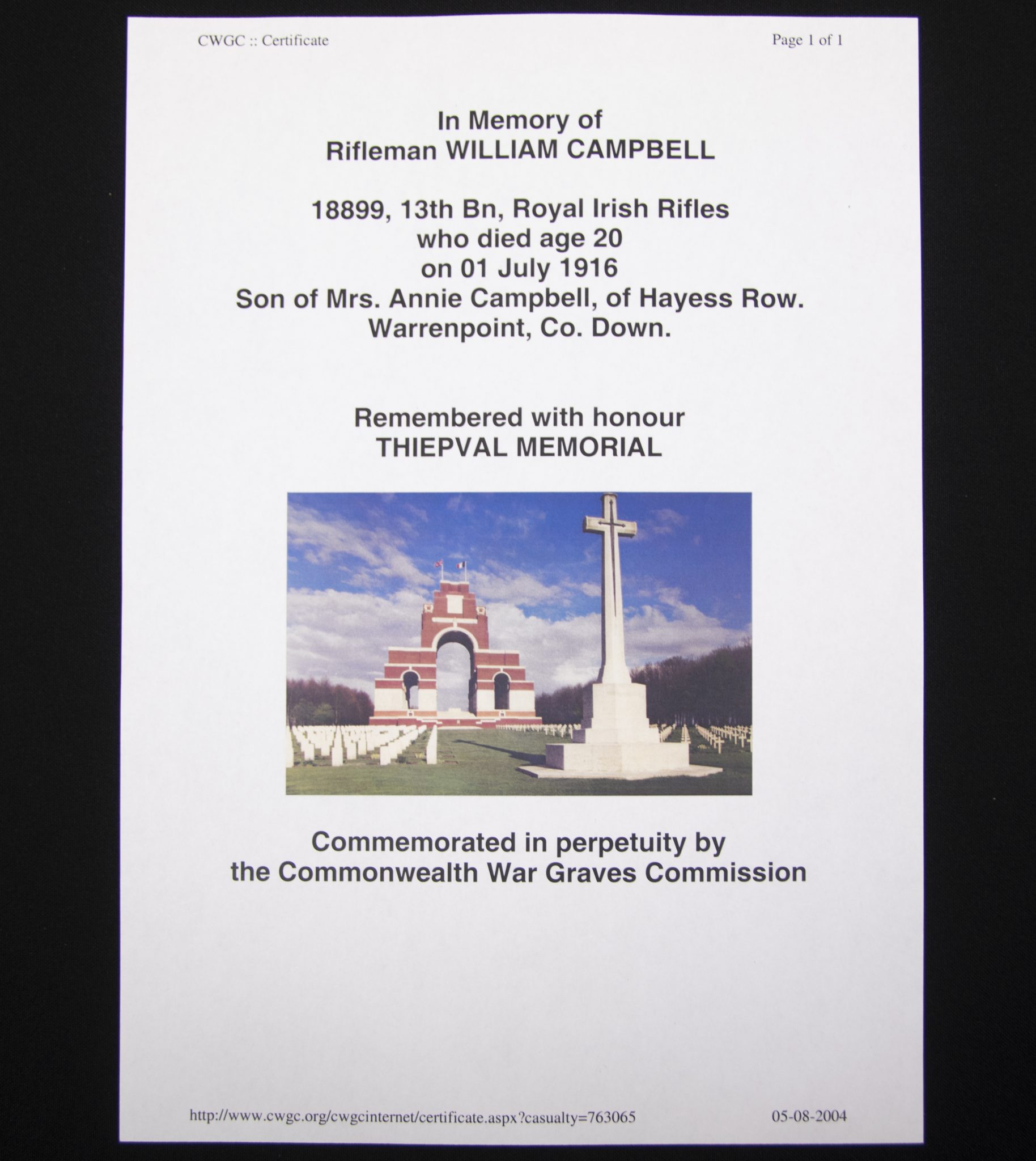 First Day of the Somme 1 July 1916 - Memorial plaque