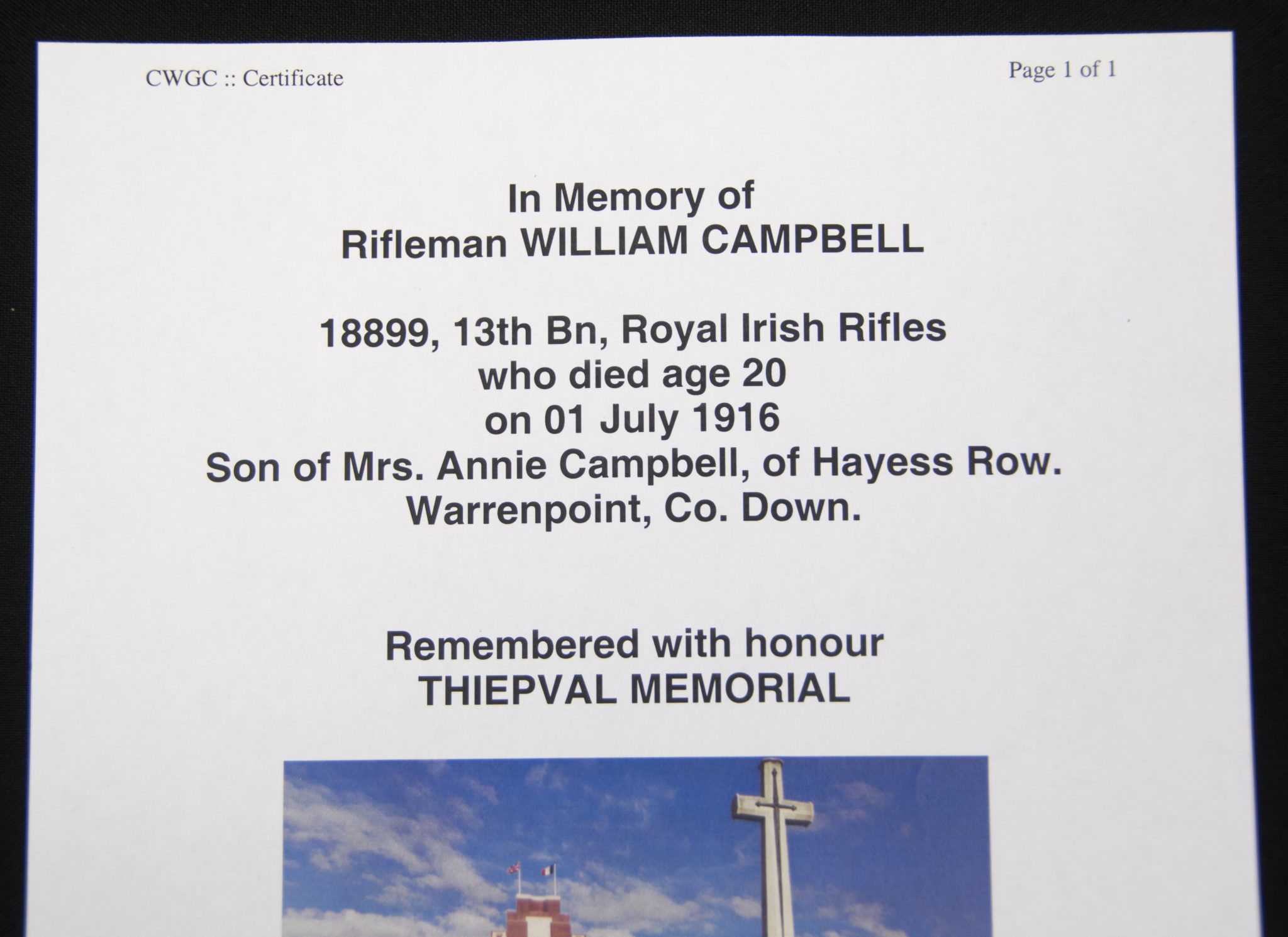 First Day of the Somme 1 July 1916 - Memorial plaque