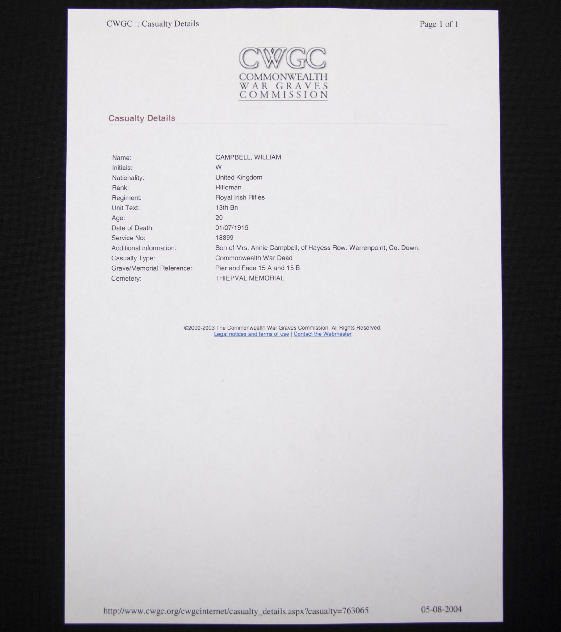 First Day of the Somme 1 July 1916 - Memorial plaque