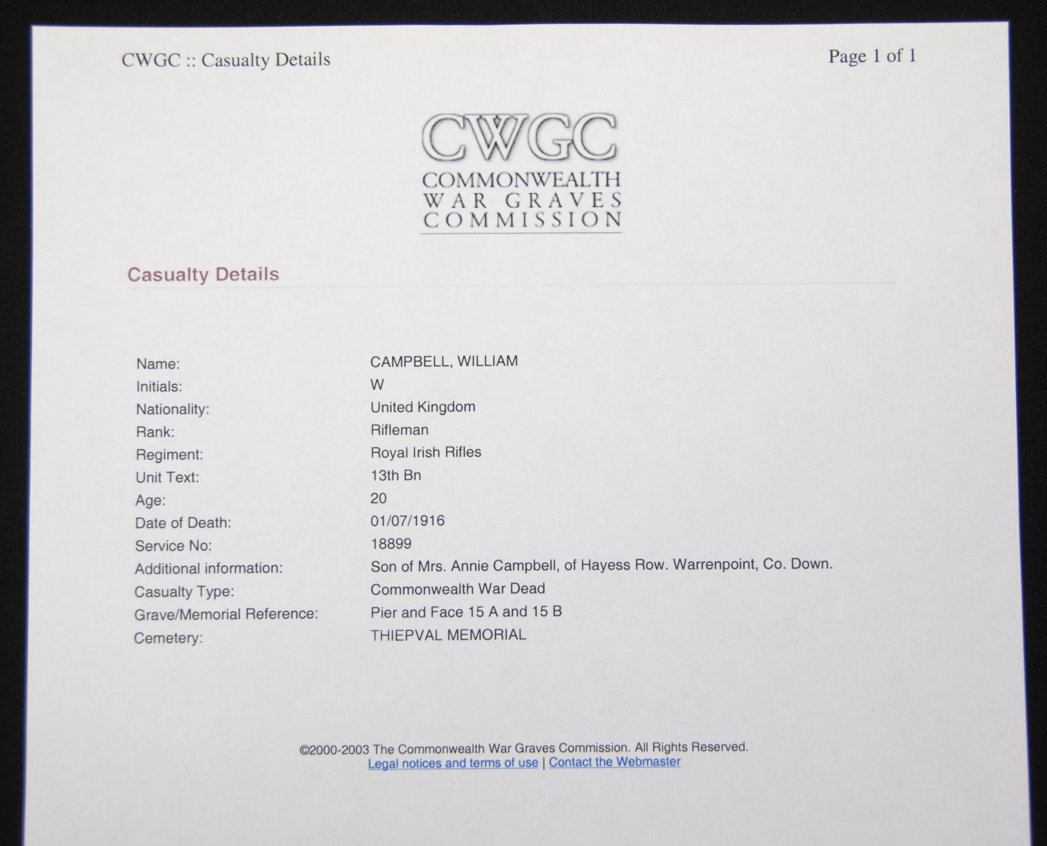 First Day of the Somme 1 July 1916 - Memorial plaque