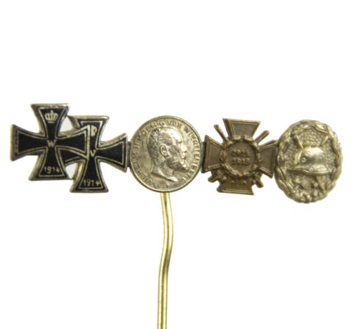German WWI lapel stickpin with EK1 + EK2 + Hessen Bravery medal + Frontkämpfer Ehrenkreuz + Silver woundbadge