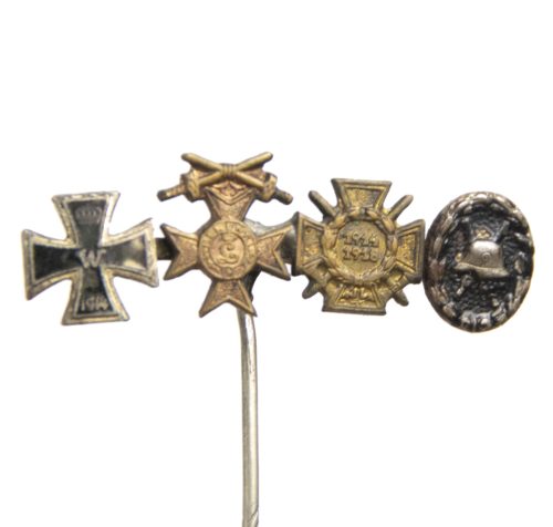 German WWI lapel stickpin with EK2 + Bavarian Merit cross + Frontkämpfer Ehrenkreuz + Black woundbadge