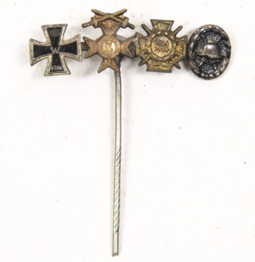 German WWI lapel stickpin with EK2 + Bavarian Merit cross + Frontkämpfer Ehrenkreuz + Black woundbadge