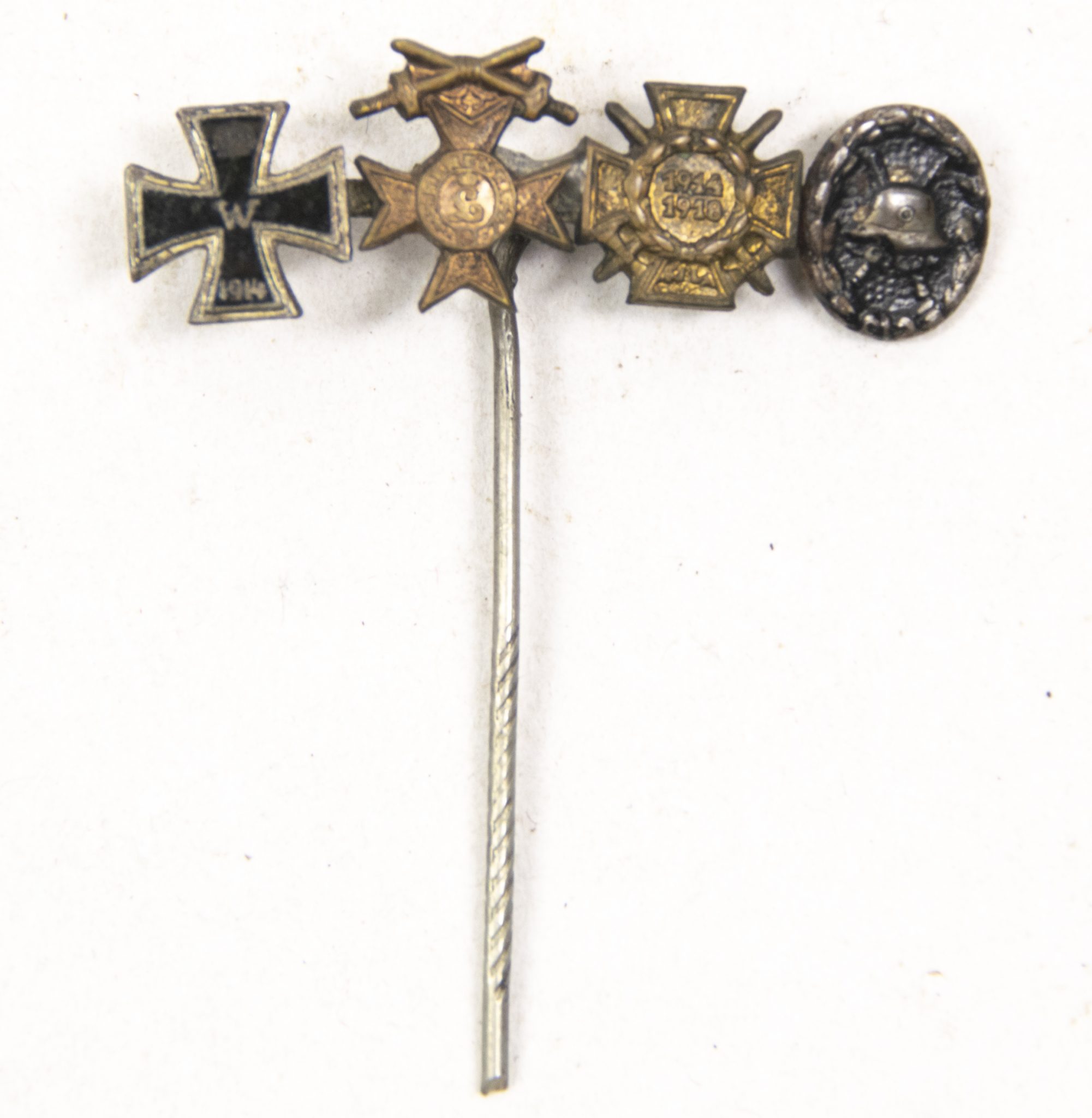 German WWI lapel stickpin with EK2 + Bavarian Merit cross + Frontkämpfer Ehrenkreuz + Black woundbadge (3) German WWI lapel stickpin with EK2 + Bavarian Merit cross + Frontkämpfer Ehrenkreuz + Black woundbadge