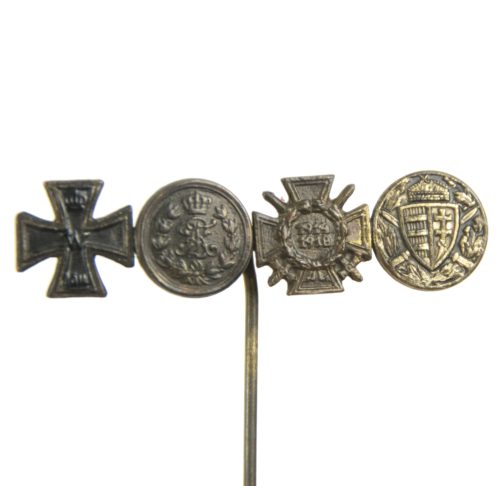 German WWI lapel stickpin with EK2 + Friedrich August medal + Frontkämpfer Ehrenkreuz + Jungarian commemorative medal