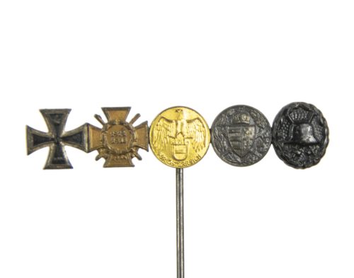 German WWI lapel stickpin with EK2 + Frontkämpfer Ehrenkreuz + Austrian + Hungarian commemorative medals + Black woundbadge