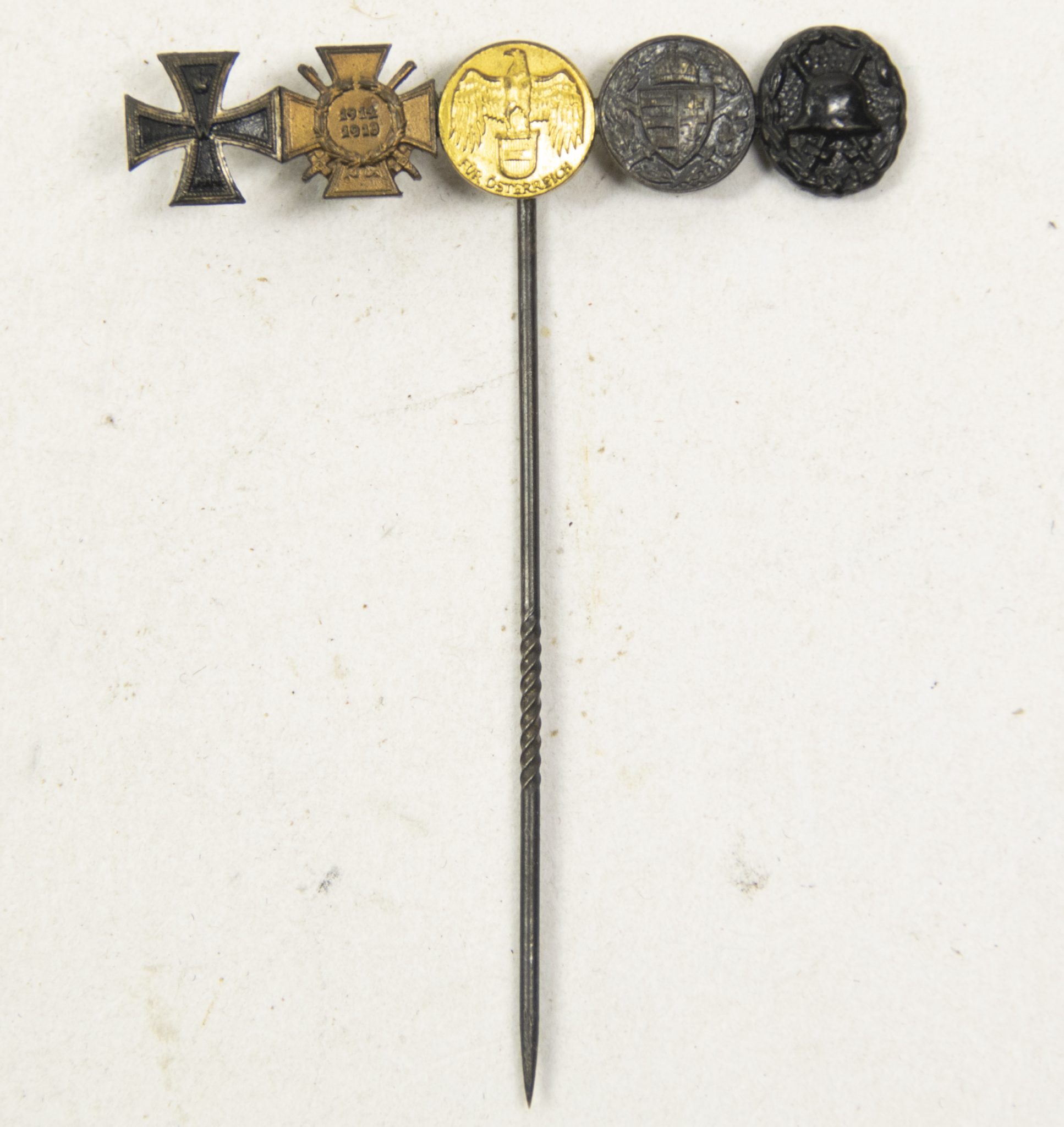 German WWI lapel stickpin with EK2 + Frontkämpfer Ehrenkreuz + Austrian + Hungarian commemorative medals + Black woundbadge (4) German WWI lapel stickpin with EK2 + Frontkämpfer Ehrenkreuz + Austrian + Hungarian commemorative medals + Black woundbadge