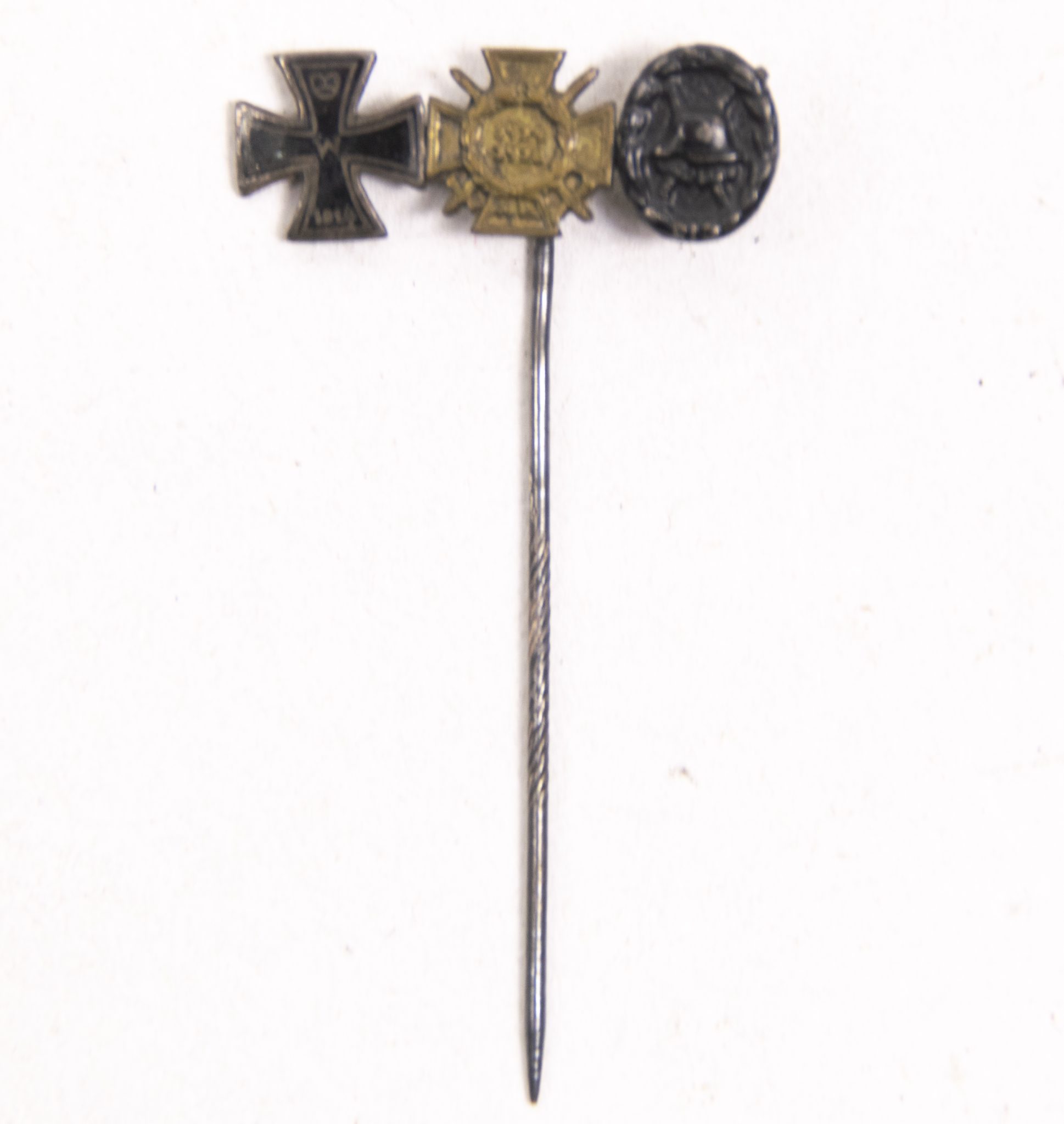 German WWI lapel stickpin with Ek2 + Frontkämpfer Ehrenkreuz + Black woundbadge (2) German WWI lapel stickpin with Ek2 + Frontkämpfer Ehrenkreuz + Black woundbadge