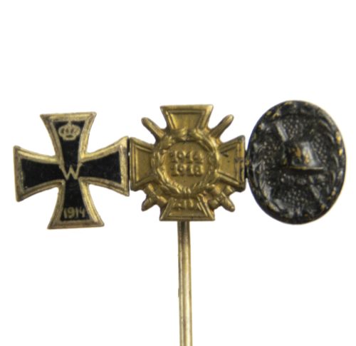 German WWI lapel stickpin with Ek2 + Frontkämpfer Ehrenkreuz + Black woundbadge