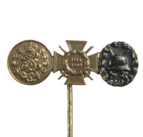 German WWI lapel stickpin with Friedrich August medal + Frontkämpfer Ehrenkreuz + Black woundbadge