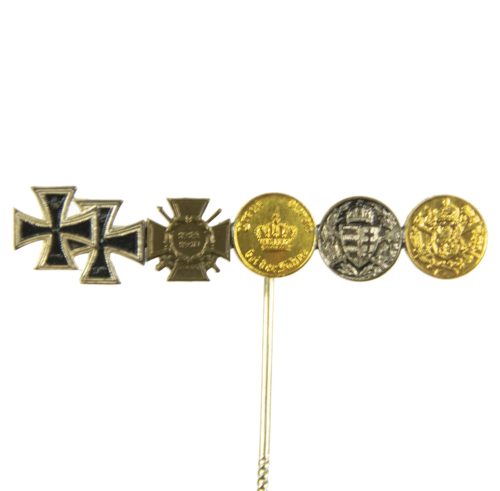 German WWI stickpin with Ek1 + EK2 + Frontkämpfer Ehrenkreuz + Treue Dienste + Hungarian + Bulgarian commemorative medals