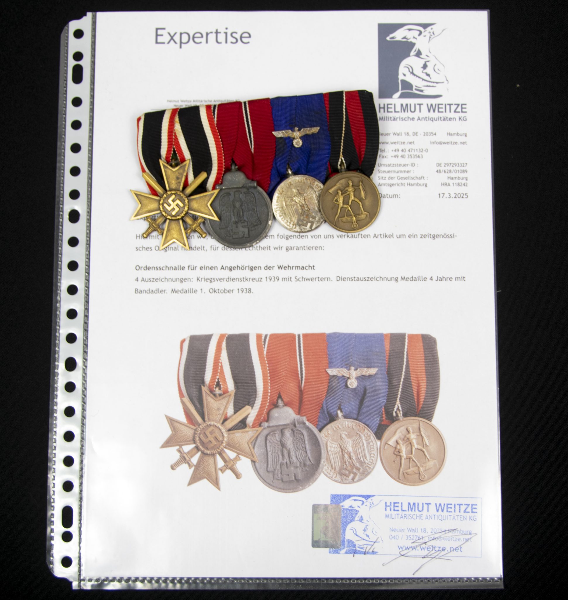 German WWII medalbar with KVK2, Ostmedaille, Heer Dienstauszeichnung, Sudeten Annexation medal (MM "Prager Str. Neben 58") - Image 12