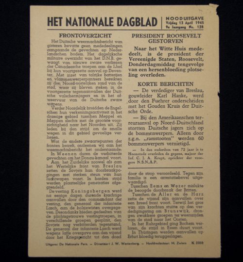 (NSB) het Nationale Dagblad NOODUITGAVE 13 April 1945 - 9e Jrg. No. 128.