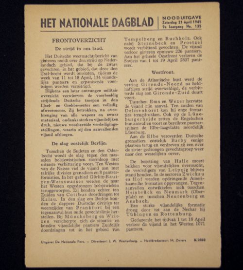 (NSB) het Nationale Dagblad NOODUITGAVE 21 April 1945 - 9e Jrg. No. 135