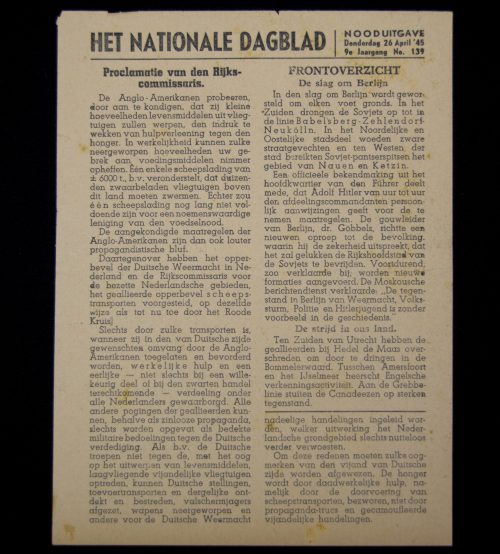 (NSB) het Nationale Dagblad NOODUITGAVE 26 April 1945 - 9e Jrg. No. 139