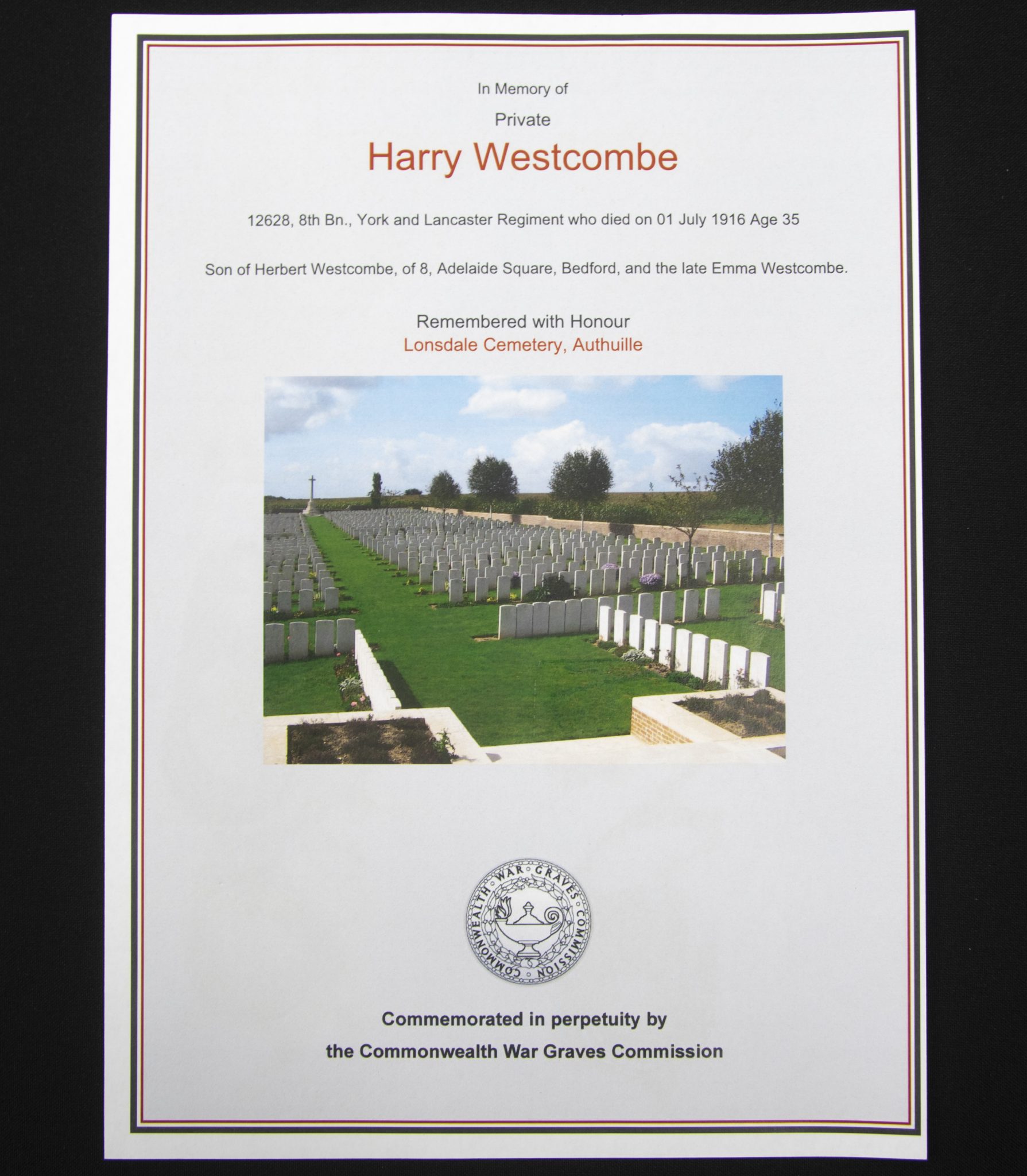 (British Army) First Day of the Somme 1 July 1916 – Victory medal of Private Harry Westcombe, 12628, 8th Bn., York and lancaster Regiment (2)