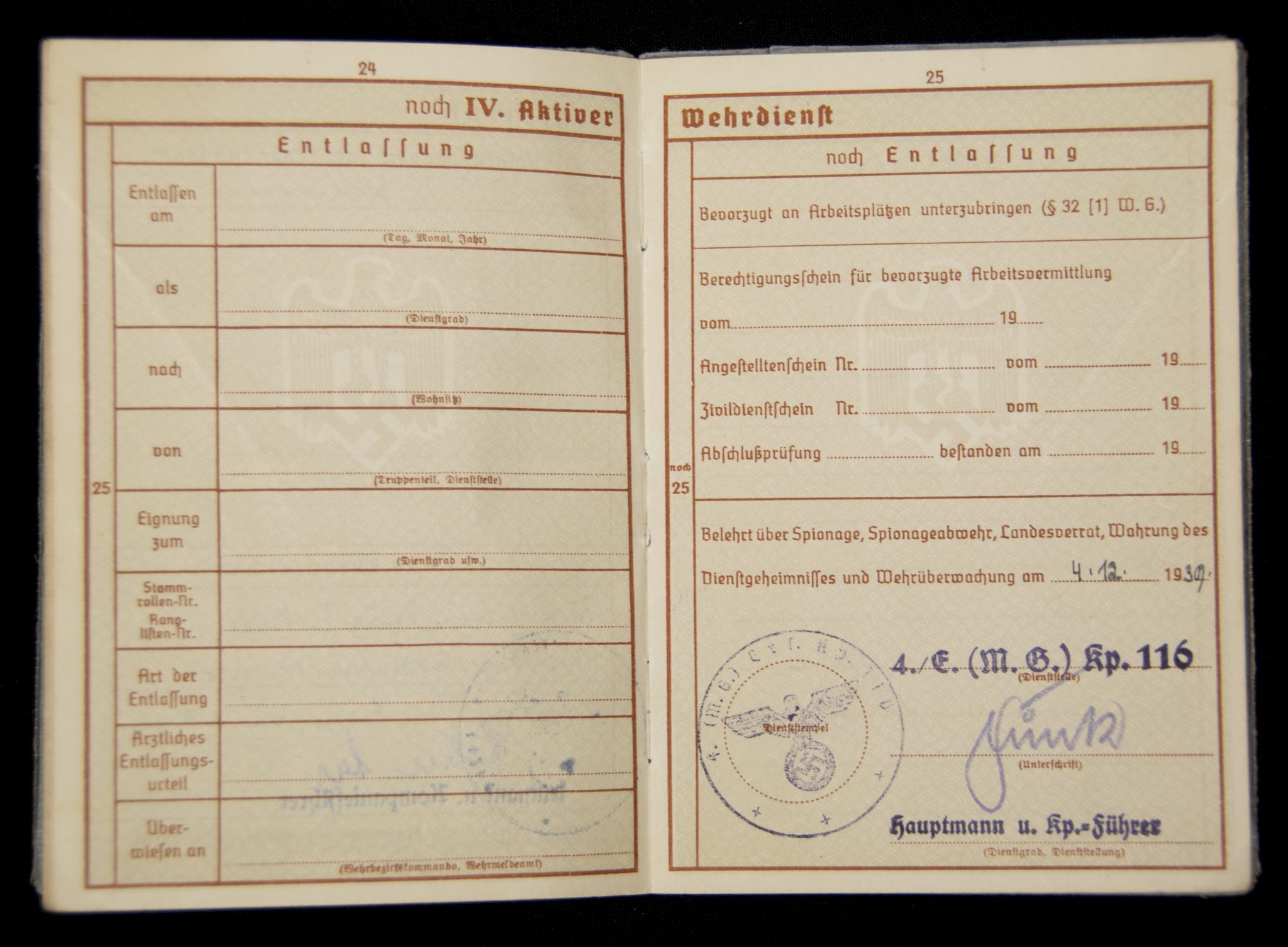 Wehrpass 4./E. (M.G.) Kp. 116 (1939) with EK2 + VWA Black - Image 20