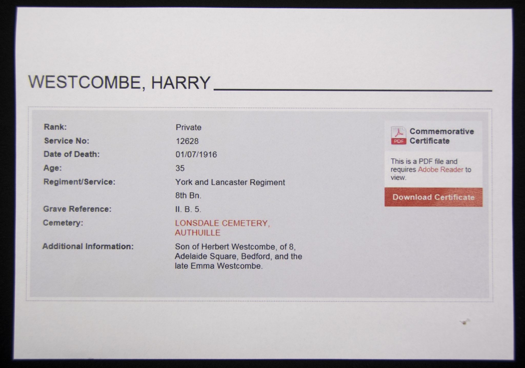 (British Army) First Day of the Somme 1 July 1916 - Victory medal of Private Harry Westcombe, 12628, 8th Bn., York and lancaster Regiment - Image 5