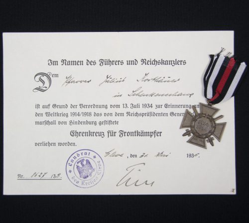 Ehrenkreuz für Frontkämpfer + citation