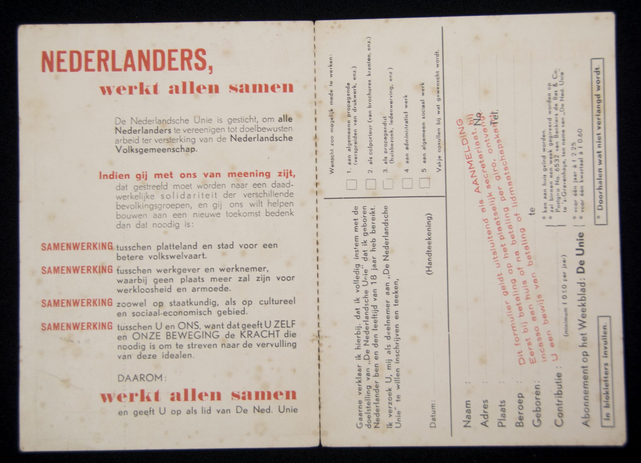 Nederlandsche Unie – recruitment card (2) Nederlandsche Unie – recruitment card