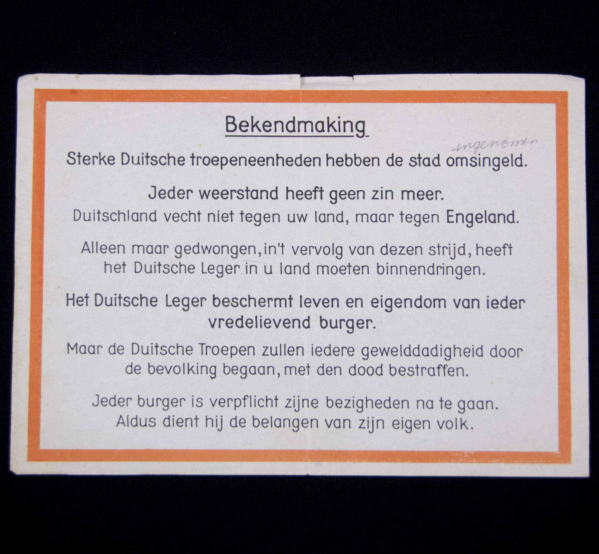 (PamphletGerman propaganda) Bekendmaking sterke duitse troepen hebben de stad omsingeld (1940)