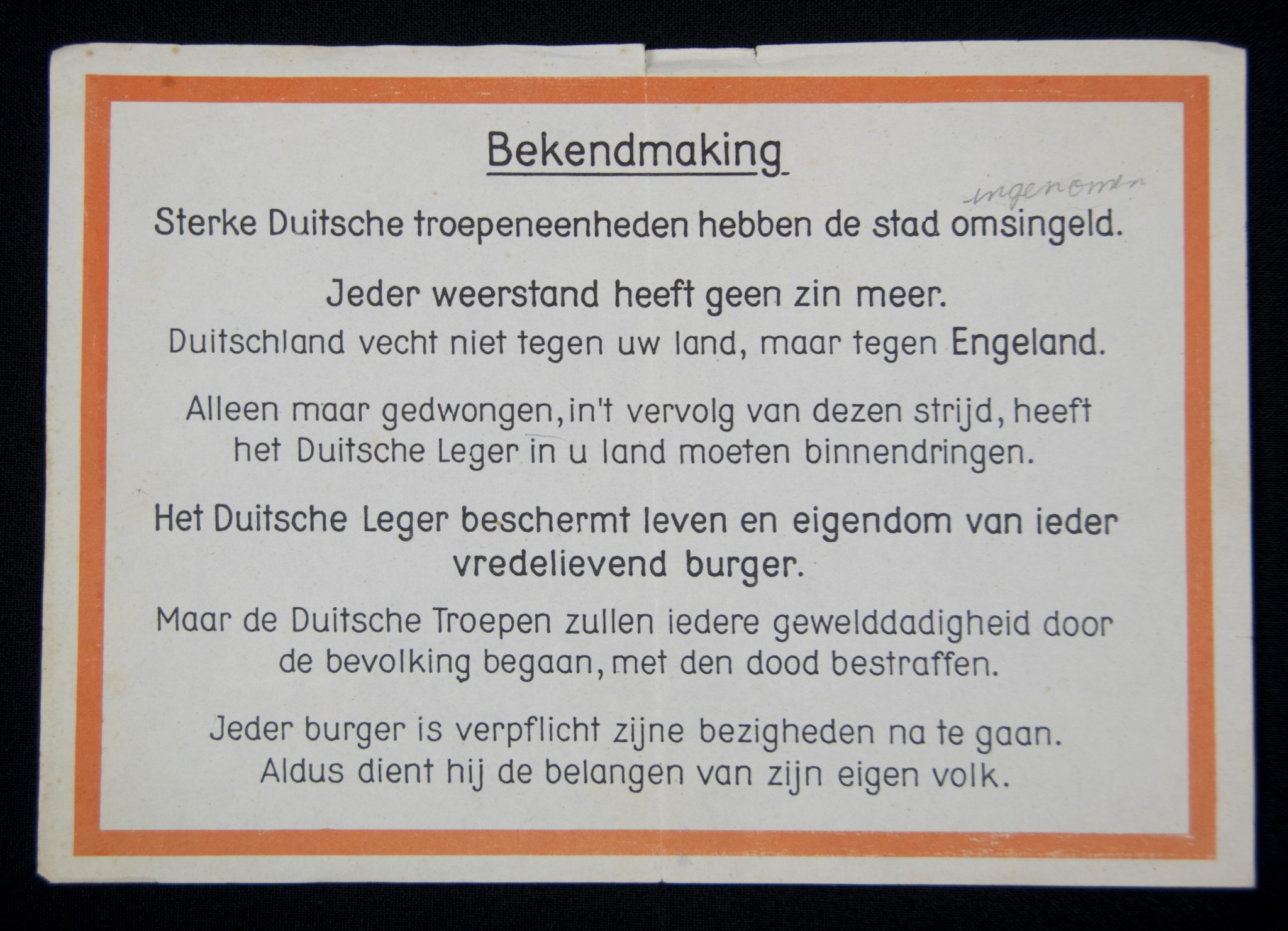 (PamphletGerman propaganda) Bekendmaking sterke duitse troepen hebben de stad omsingeld (1941)