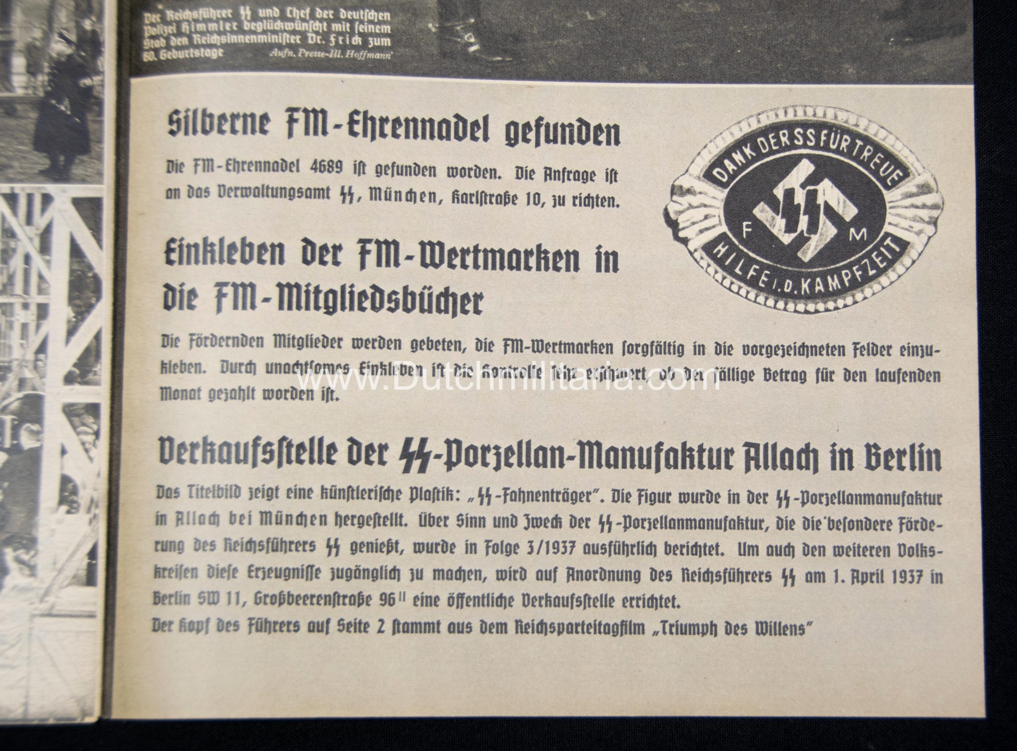 (Magazine) SS-FM Zeitschrift – Reichsführung SS für fördernde Mitglieder – 4. JahrgangFolge 4 (1937) (Allach cover!)