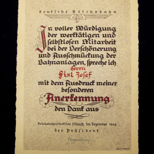 (Citation) Luxuary Deutsche Reichsbahn Anerkennungs Urkunde (1940)