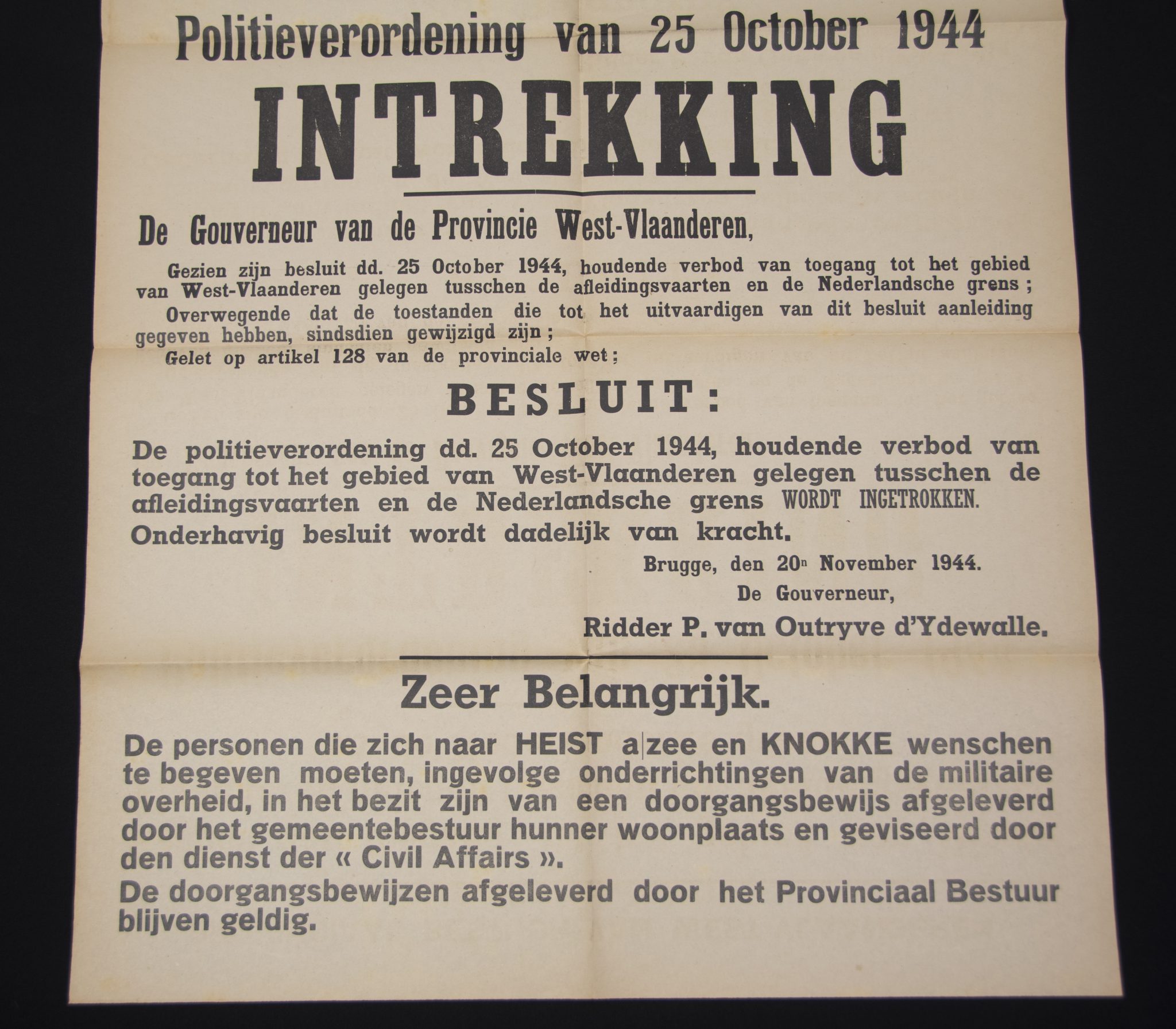 (Poster) Brugge Gouverneur P. van Outryve d'Ydewall - Flemish West-Vlaanderen poster (1944)