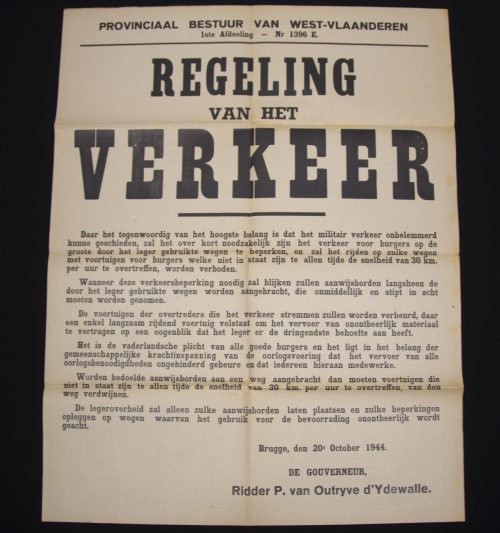 (Poster) Brugge Ridder P. van Outryve d'Ydewall - Flemish West-Vlaanderen Regeling van het Verkeer poster (1944)