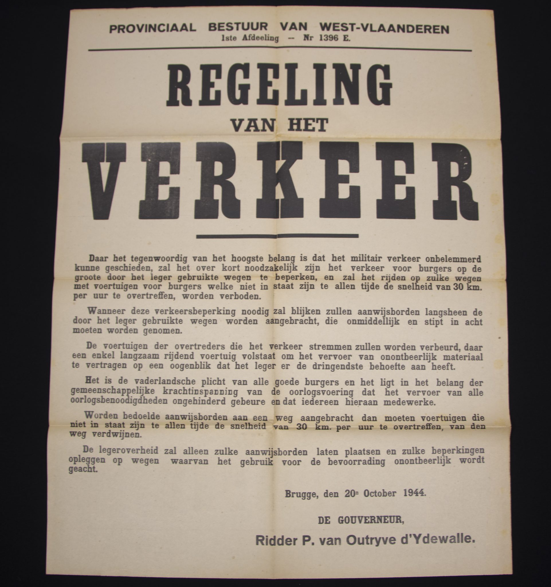 (Poster) Brugge Ridder P. van Outryve d'Ydewall - Flemish West-Vlaanderen Regeling van het Verkeer poster (1944)