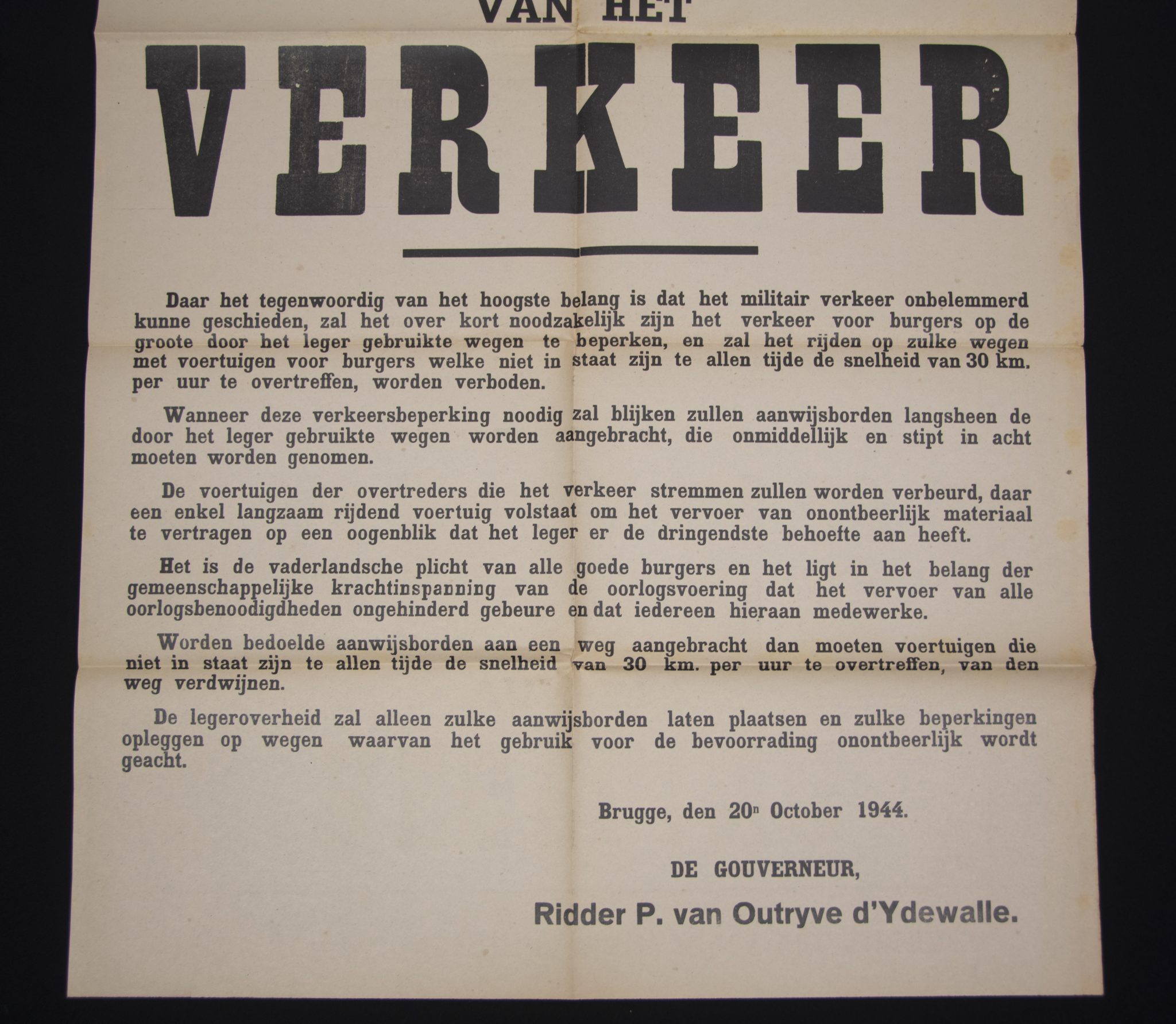 (Poster) Brugge Ridder P. van Outryve d'Ydewall - Flemish West-Vlaanderen Regeling van het Verkeer poster (1944)