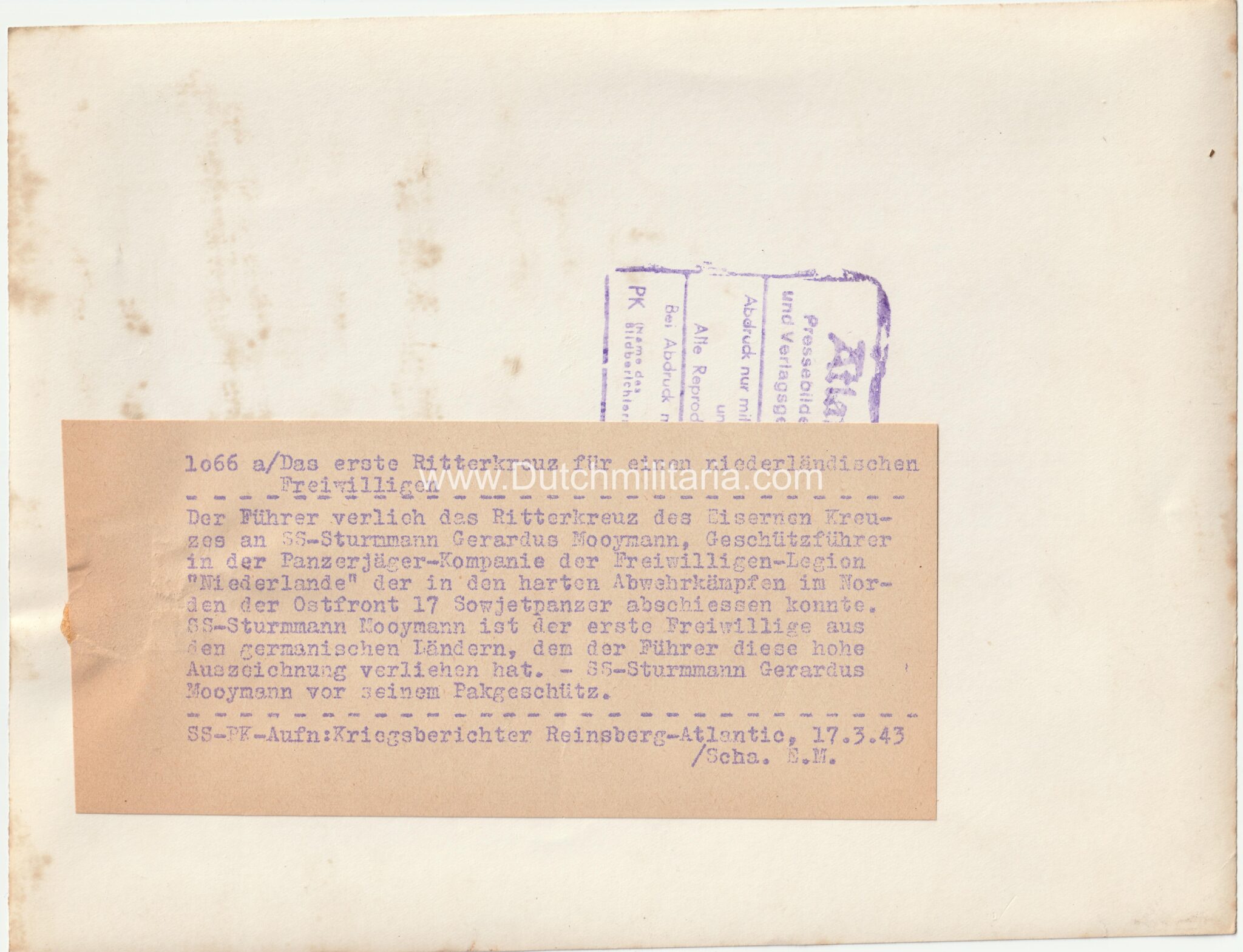 (Pressphoto) SS-Sturmann Gerard Mooyman – Das erste Ritterkreuz für einen Niederländischen Freiwilligen – ULTRA RARE!!! (2) (Pressphoto) SS-Sturmann Gerard Mooyman - Das erste Ritterkreuz für einen Niederländischen Freiwilligen - ULTRA RARE!!!