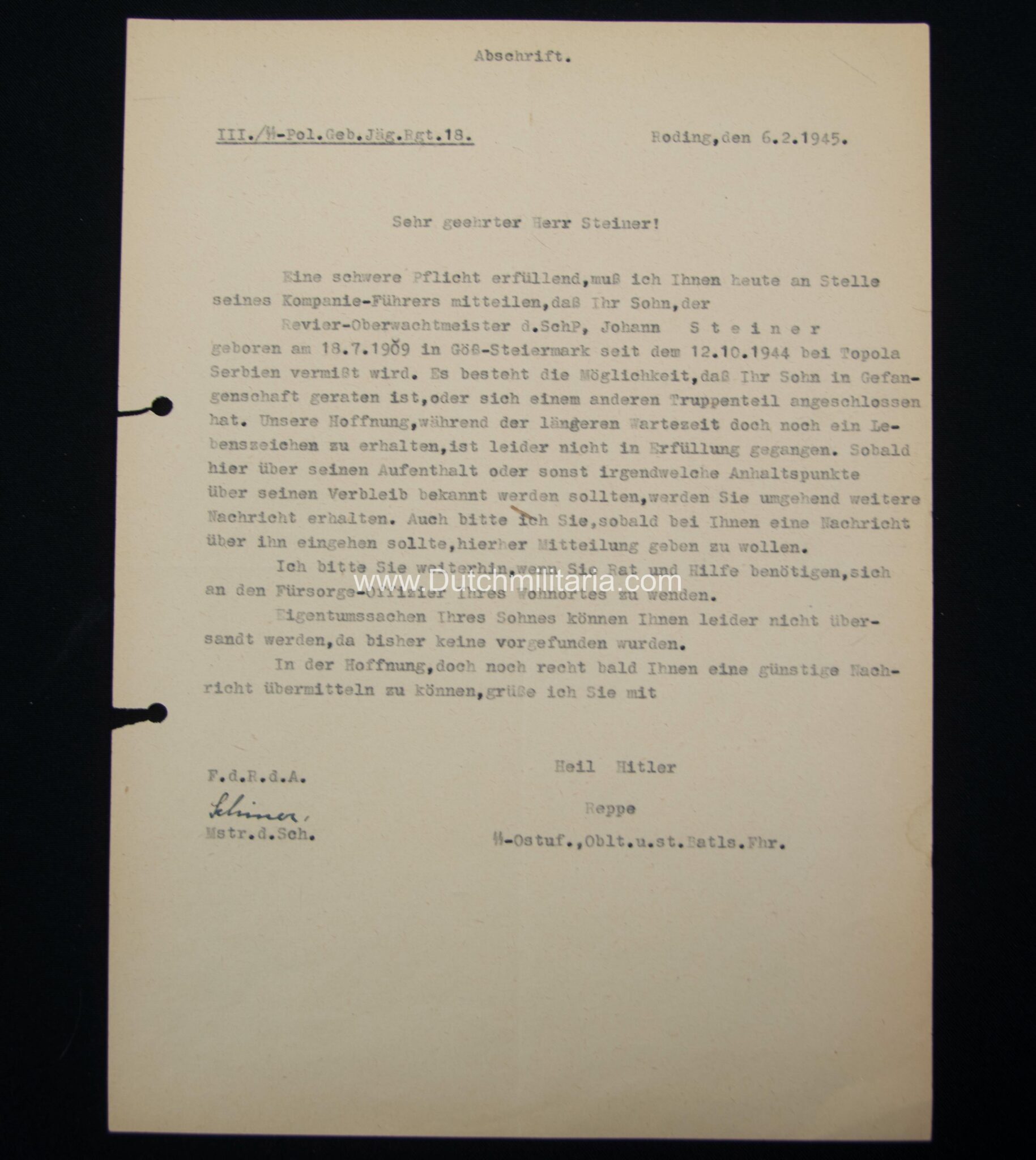 (SS Grouping) III./SS-Pol.Geb.Jäg.Rgt.18/9.Komp - MISSING in October 1944 in Topola/Serbia - Image 15