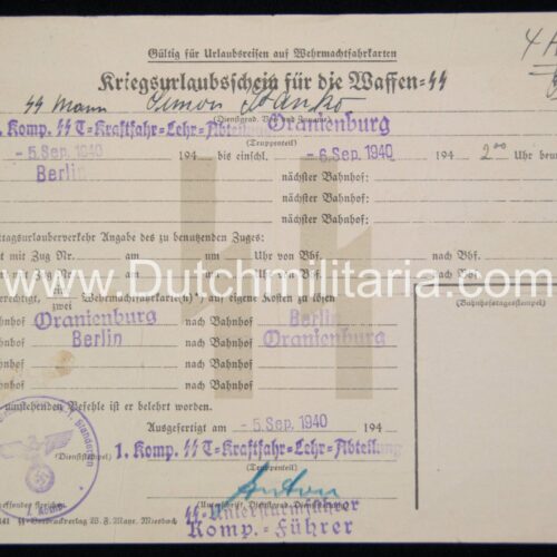 Waffen-SS - Kriegsurlaubschein für die Waffen-SS (1940)