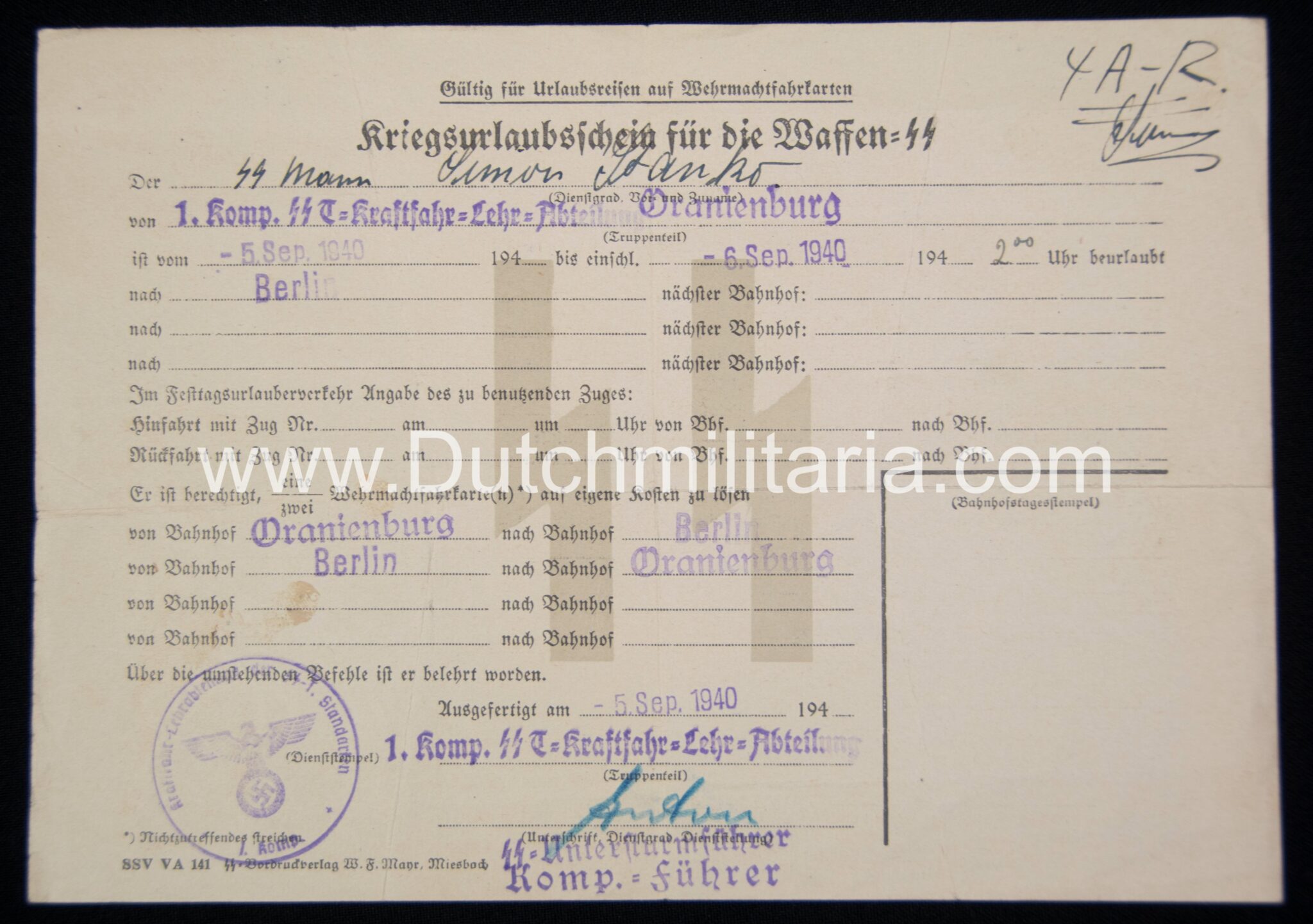 Waffen-SS – Kriegsurlaubschein für die Waffen-SS (1941) Waffen-SS - Kriegsurlaubschein für die Waffen-SS (1940)