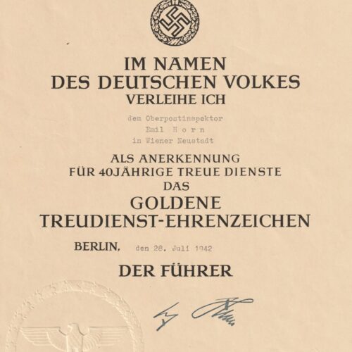 (Citation Urkunde) Das Goldene Treudienst-Ehrenzeichen (1942)