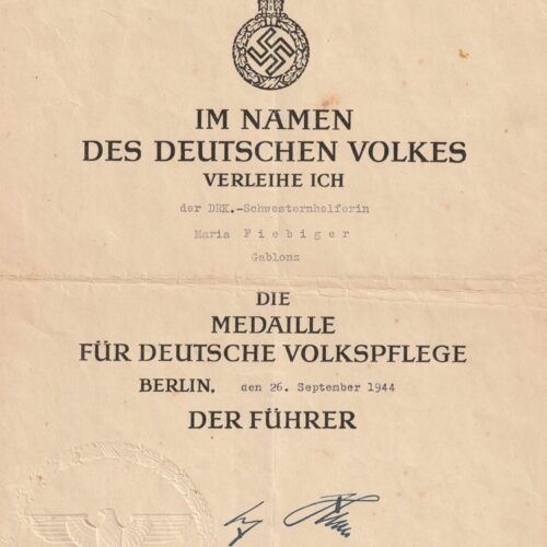 (Citation Urkunde) Die Medaille für deutsche Volkspflege (1944)