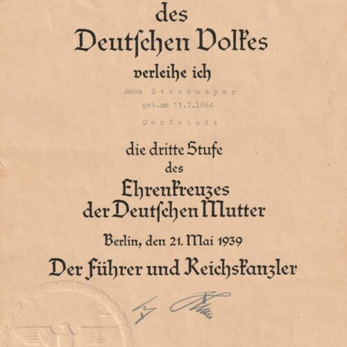 (Citation Urkunde) Die dritte Stufe des Ehrenkreuzes der deutschen Mutter MutterkreuzMotherscross (1939)