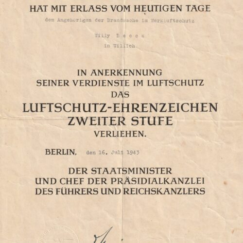 (Citation Urkunde) Luftschutz Ehrenzeichen Zweiter Stufe (1943)