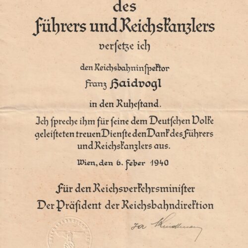 (Citation Urkunde) Ruhestand Retirement (1940)