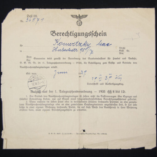 (Document) NSDAP Berechtigungsschein Rundfunkempfangsanlagen (1939)