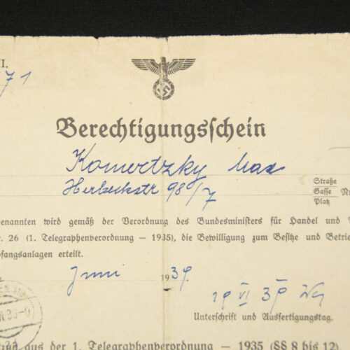 (Document) NSDAP Berechtigungsschein Rundfunkempfangsanlagen (1939)